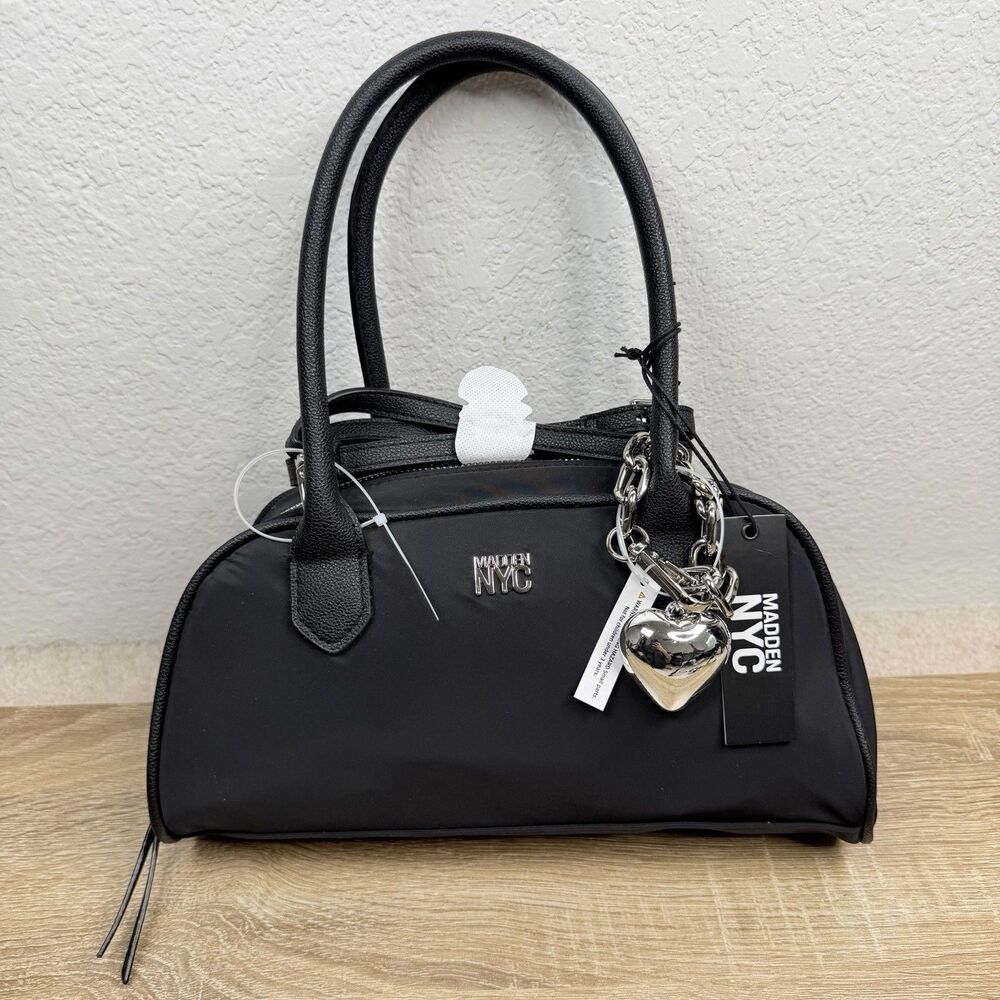 Madden NYC East West Bowler Bag Black Nylon Crossbody Shoulder Bag Heart Charm